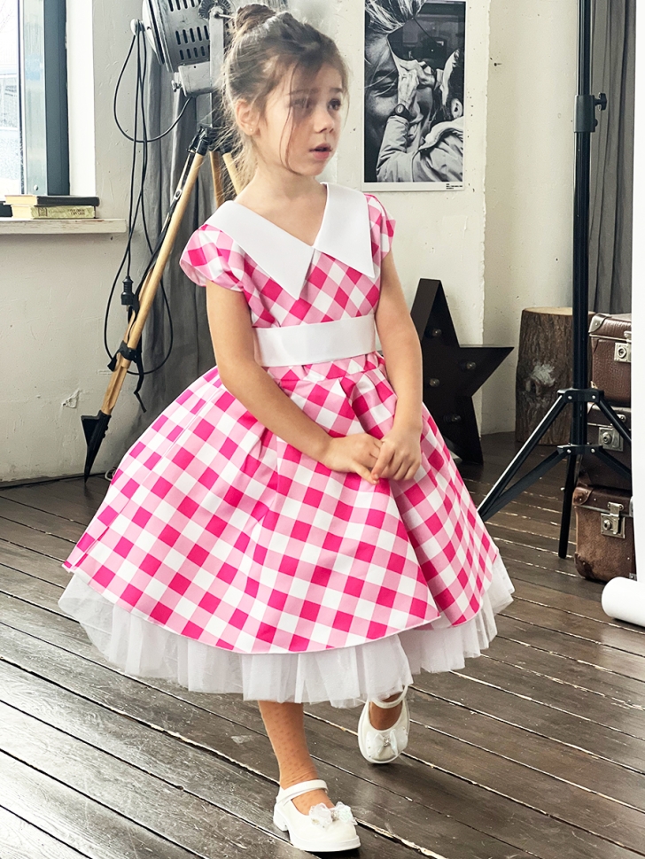 Платье для девочки нарядное БУШОН ST20, стиляги цвет светло-розовый, принт белый клетка 