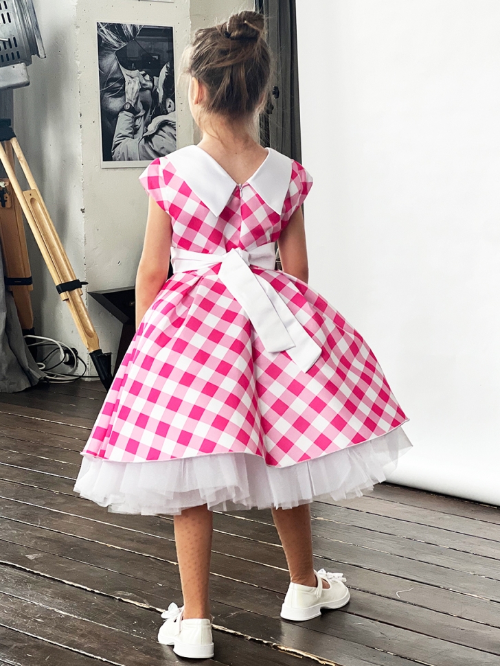 Платье для девочки нарядное БУШОН ST20, стиляги цвет светло-розовый, принт белый клетка 