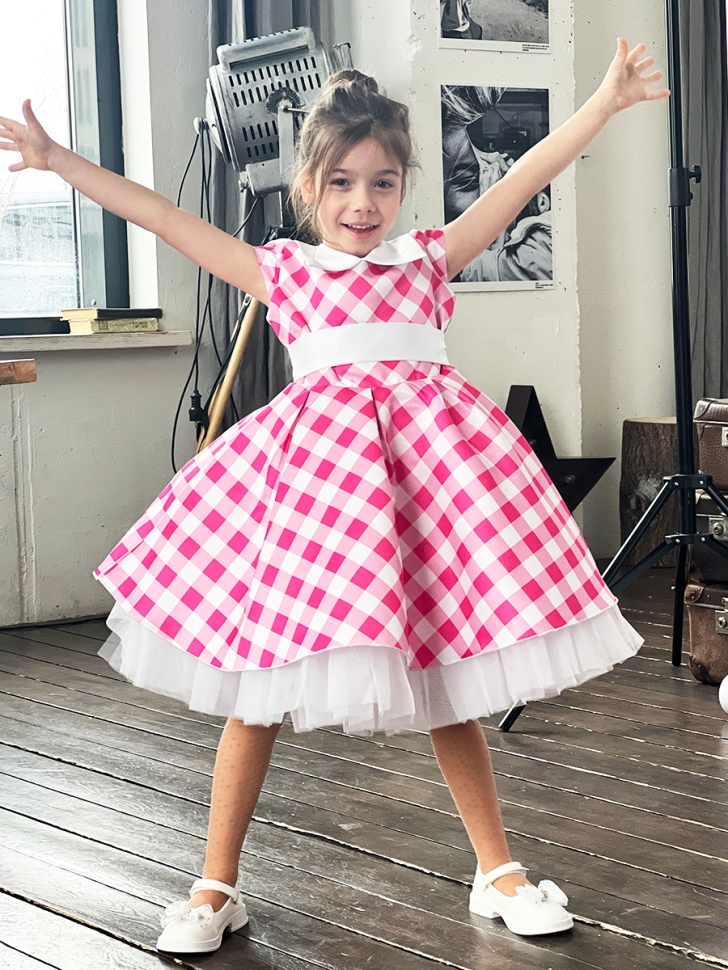 Платье для девочки нарядное БУШОН ST20, стиляги цвет светло-розовый, принт белый клетка 