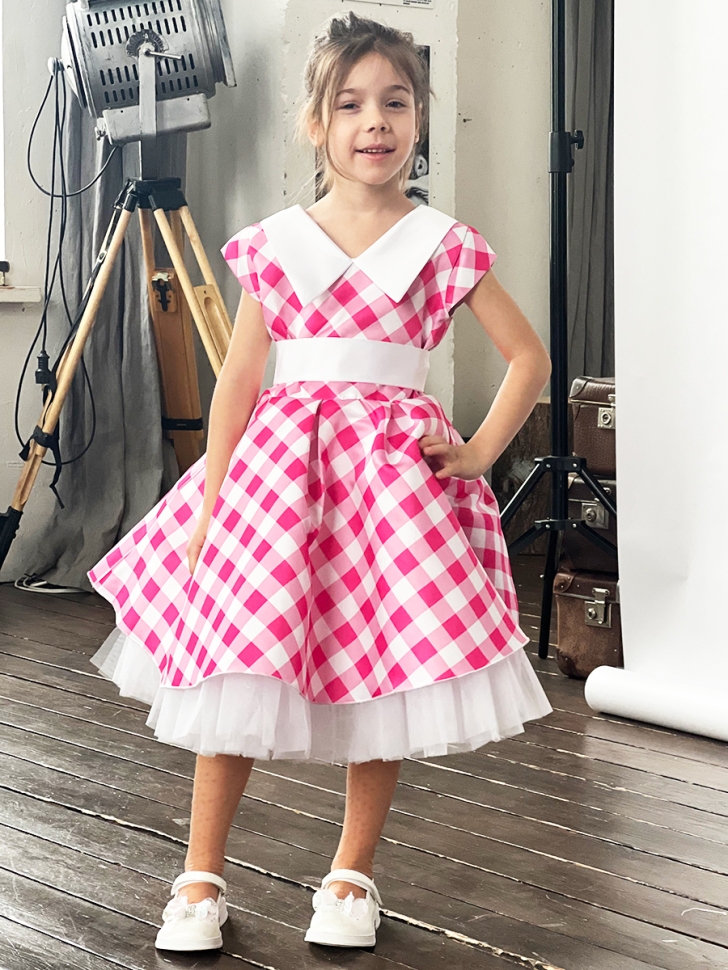 Платье для девочки нарядное БУШОН ST20, стиляги цвет светло-розовый, принт белый клетка 