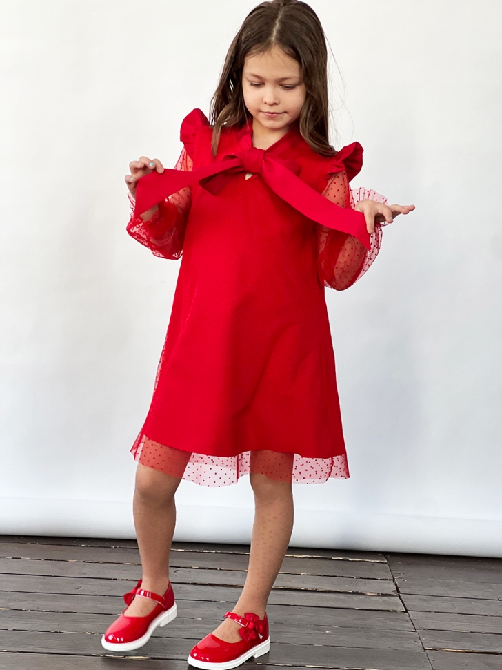 Платье для девочки нарядное БУШОН ST50, отделка фатин, цвет малиновый/красный 