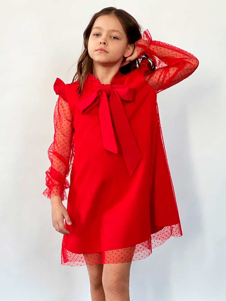 Платье для девочки нарядное БУШОН ST50, отделка фатин, цвет малиновый/красный 