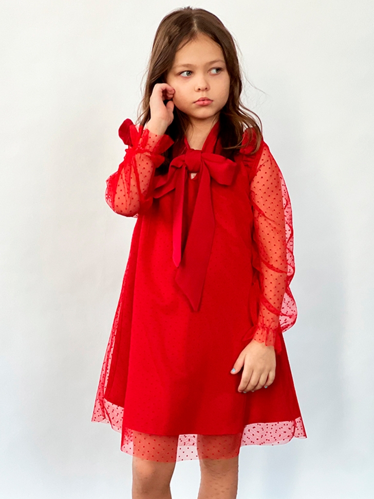 Платье для девочки нарядное БУШОН ST50, отделка фатин, цвет малиновый/красный 