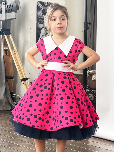 Платье для девочки нарядное БУШОН ST20, стиляги цвет малиновый, принт синий горох