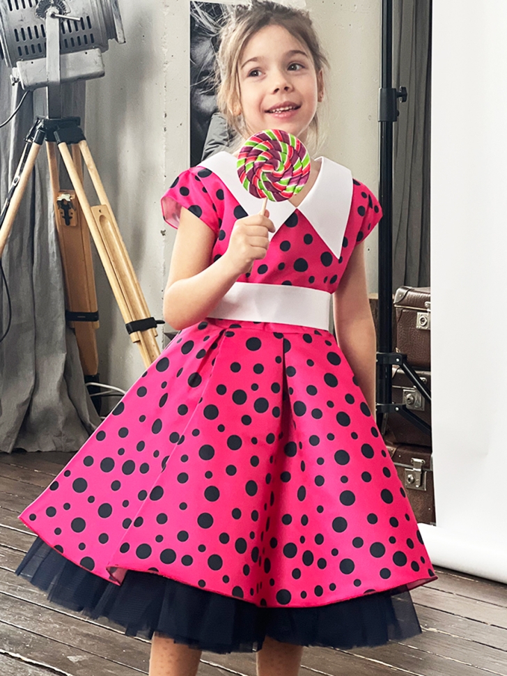 Платье для девочки нарядное БУШОН ST20, стиляги цвет малиновый, принт синий горох 