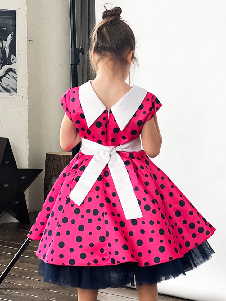 Платье для девочки нарядное БУШОН ST20, стиляги цвет малиновый, принт синий горох 