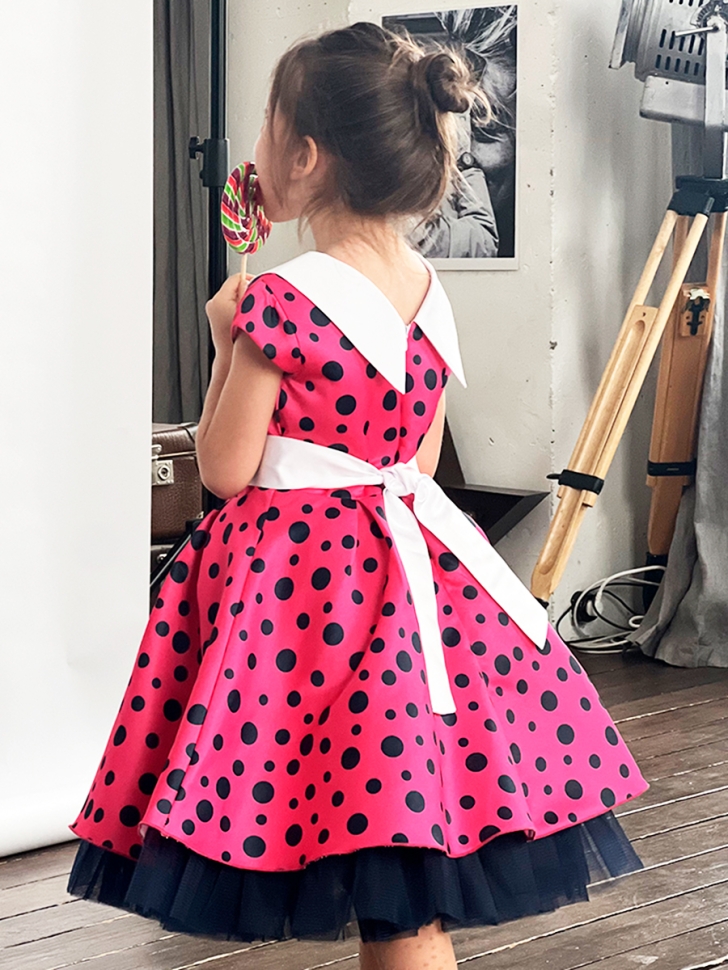 Платье для девочки нарядное БУШОН ST20, стиляги цвет малиновый, принт синий горох 