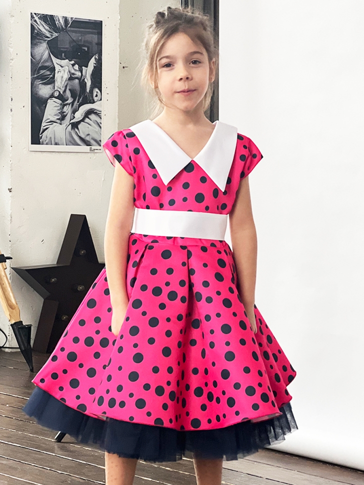 Платье для девочки нарядное БУШОН ST20, стиляги цвет малиновый, принт синий горох 