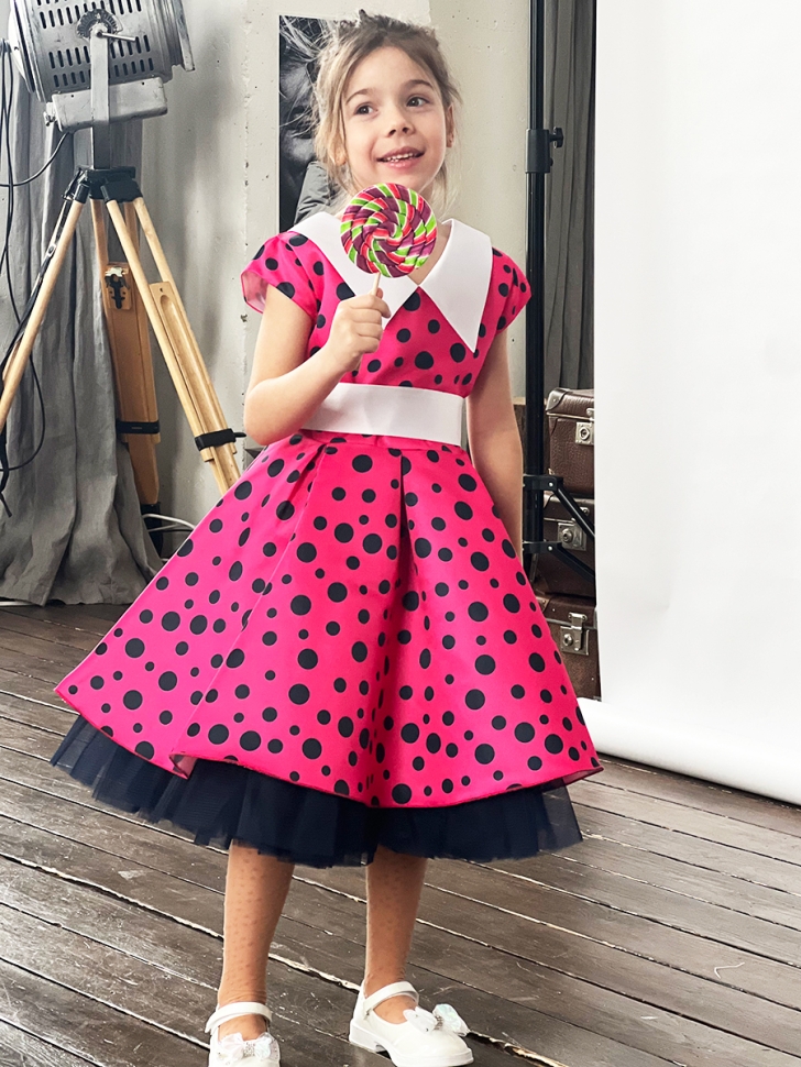 Платье для девочки нарядное БУШОН ST20, стиляги цвет малиновый, принт синий горох 