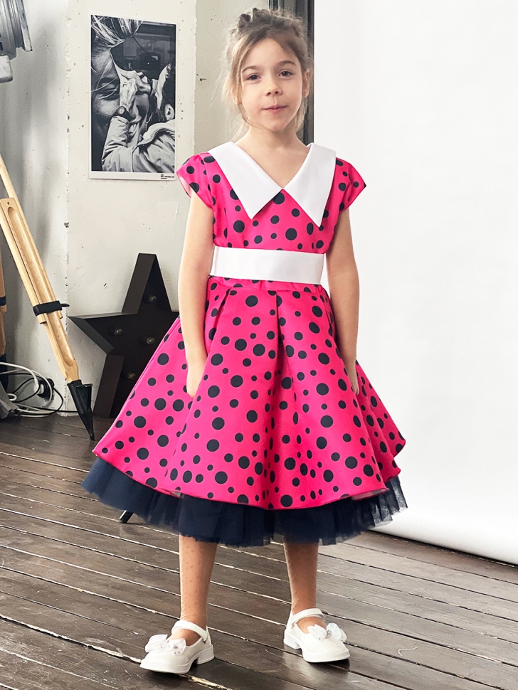 Платье для девочки нарядное БУШОН ST20, стиляги цвет малиновый, принт синий горох 