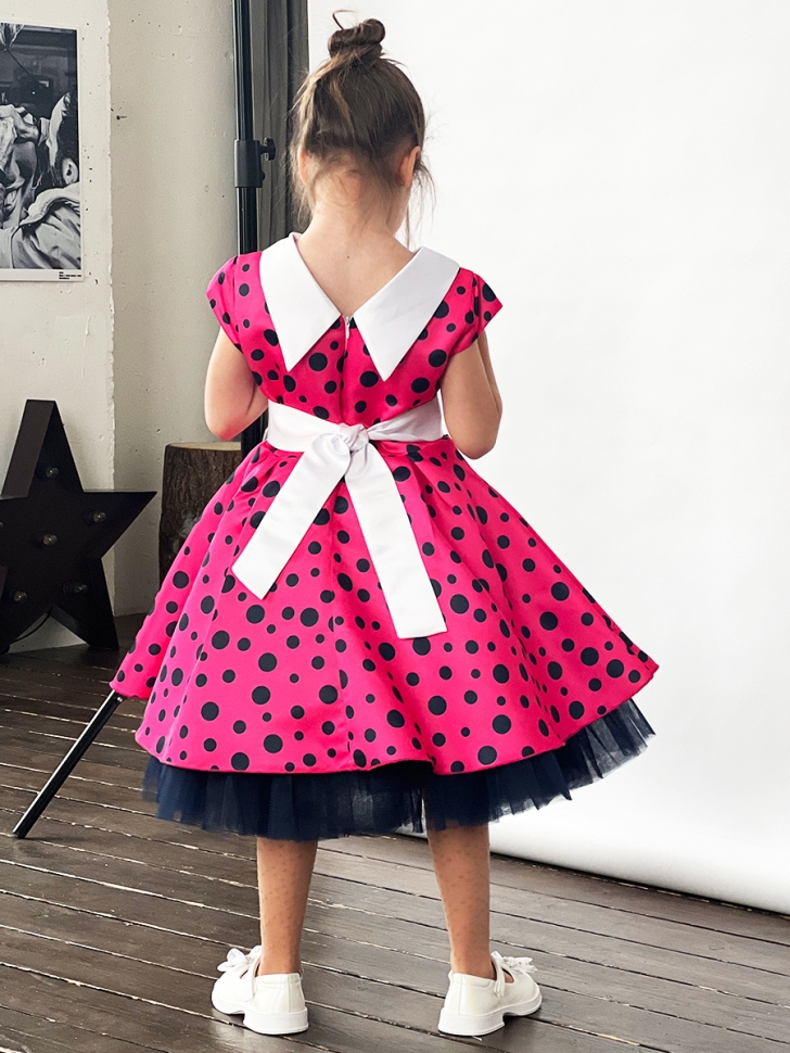 Платье для девочки нарядное БУШОН ST20, стиляги цвет малиновый, принт синий горох 