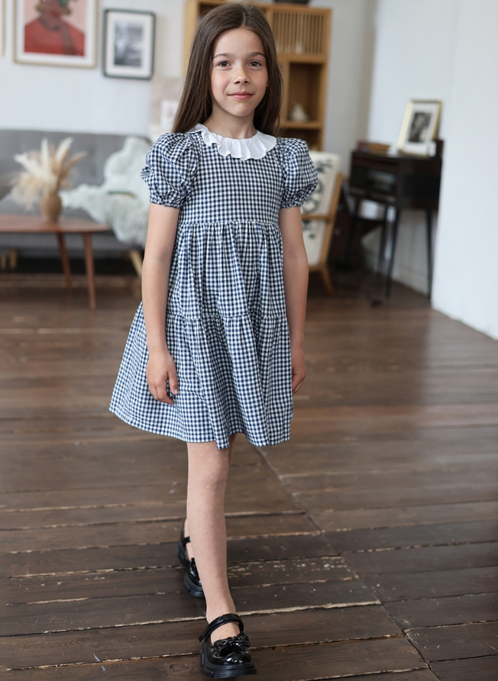Платье для девочки нарядное БУШОН XB881881, цвет темно-синий/клетка
