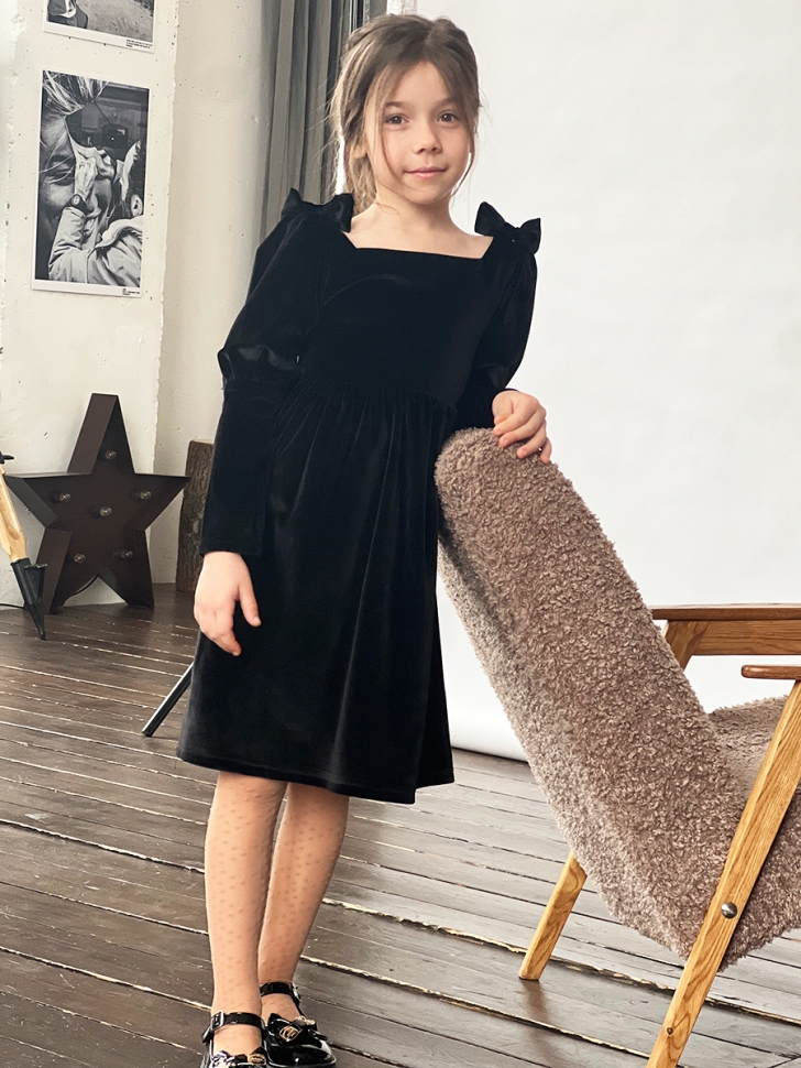 Платье велюровое нарядное БУШОН ST63, цвет черный бантики 