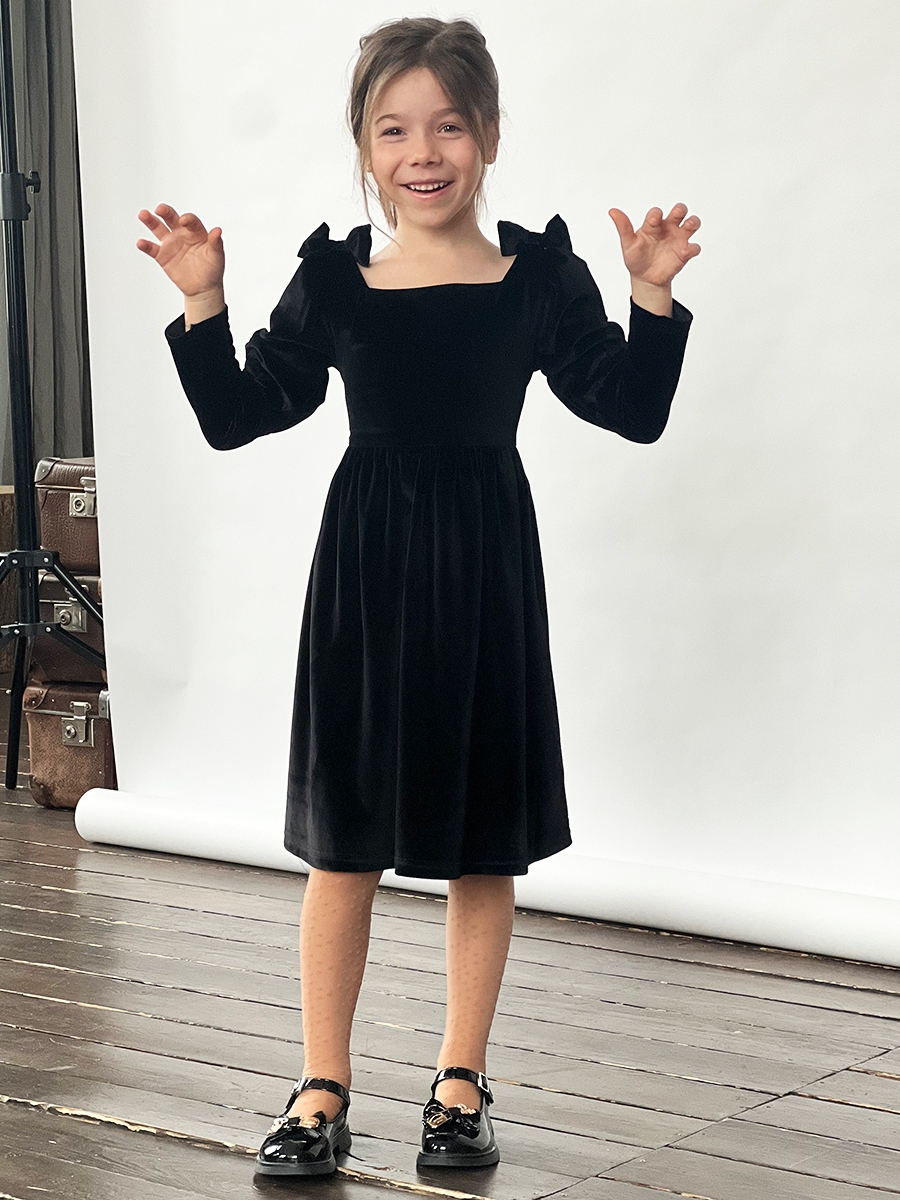 Платье велюровое нарядное БУШОН ST63, цвет черный бантики 
