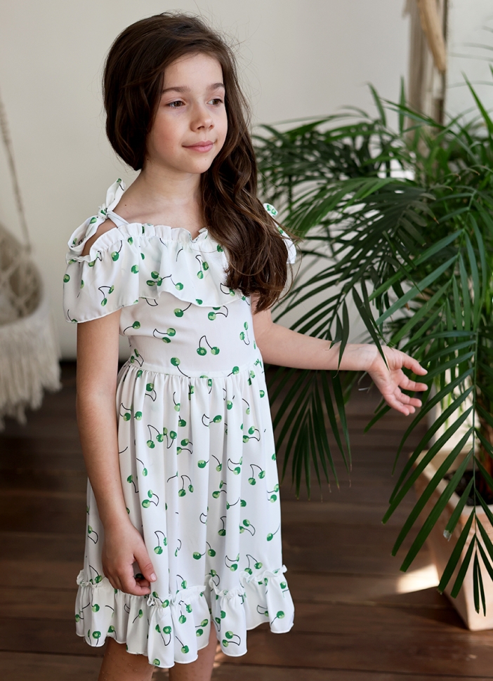 Платье для девочки вискоза БУШОН ST65, цвет белый/зеленая вишня 