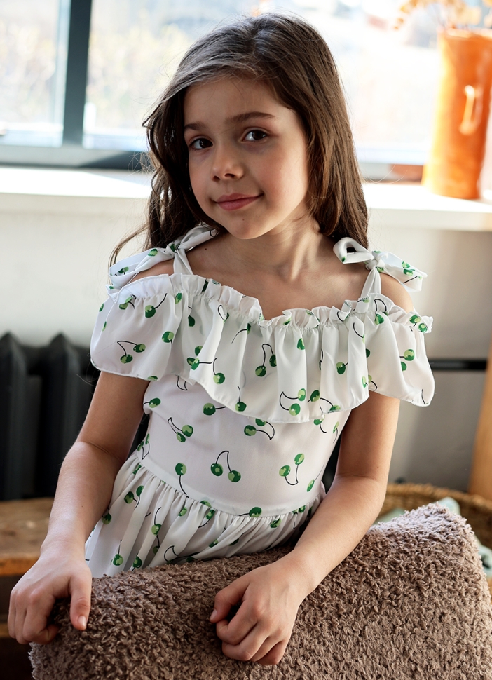 Платье для девочки вискоза БУШОН ST65, цвет белый/зеленая вишня 