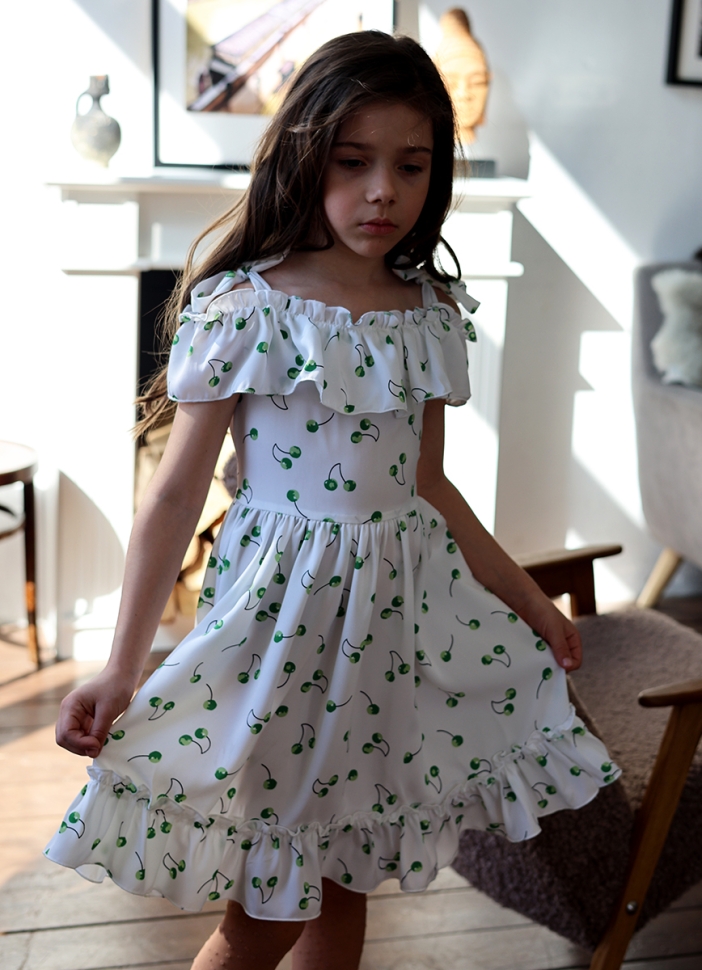 Платье для девочки вискоза БУШОН ST65, цвет белый/зеленая вишня 