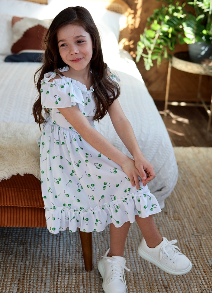 Платье для девочки вискоза БУШОН ST65, цвет белый/зеленая вишня 