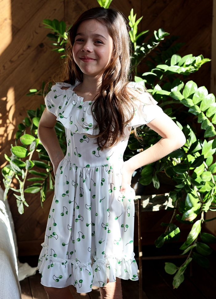 Платье для девочки вискоза БУШОН ST65, цвет белый/зеленая вишня 