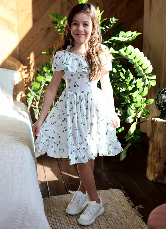 Платье для девочки вискоза БУШОН ST65, цвет белый/зеленая вишня 