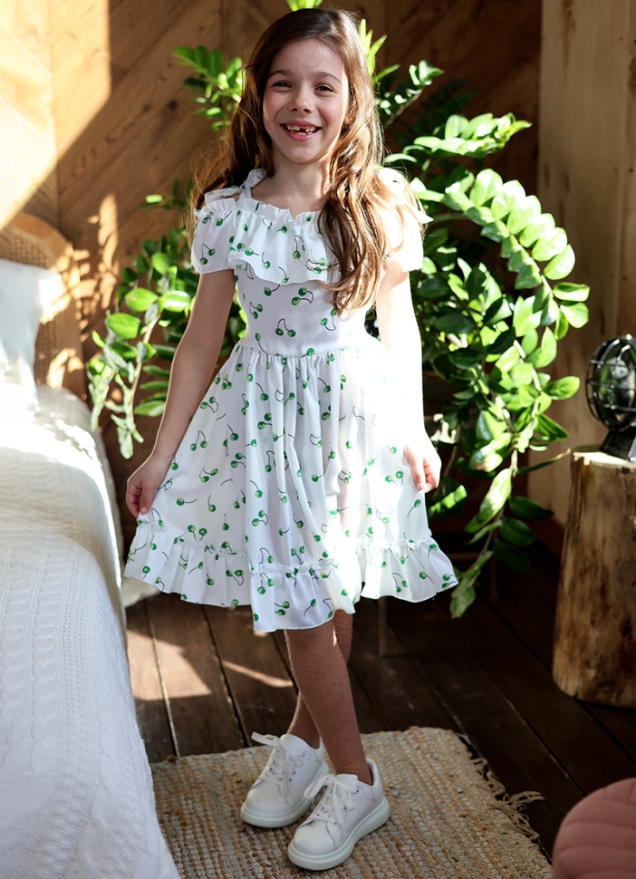 Платье для девочки вискоза БУШОН ST65, цвет белый/зеленая вишня 