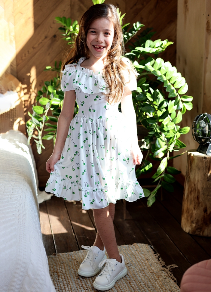 Платье для девочки вискоза БУШОН ST65, цвет белый/зеленая вишня 