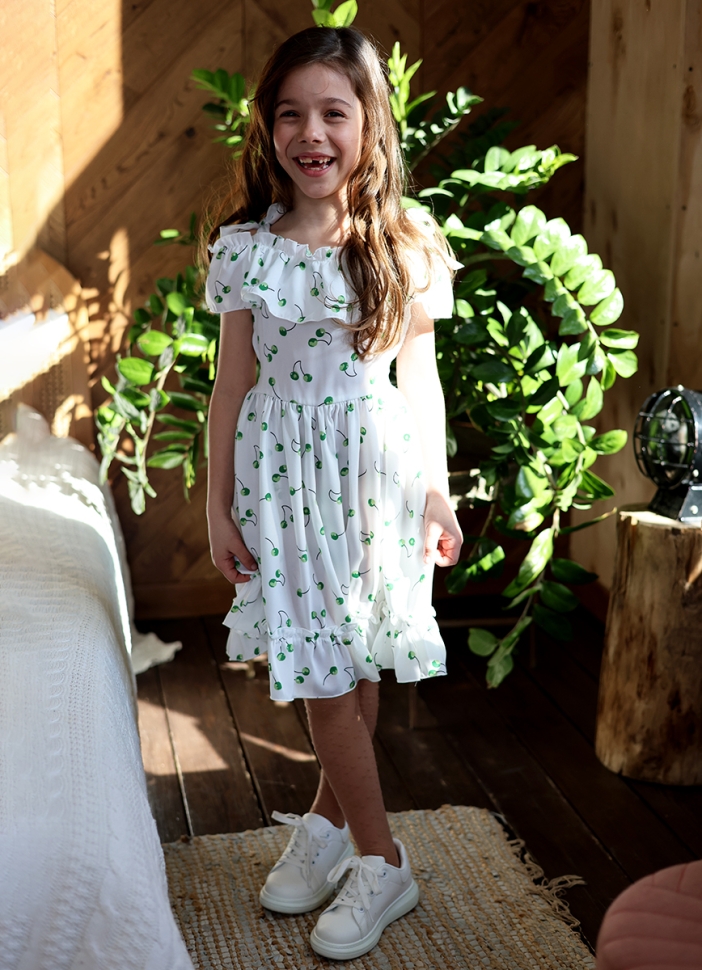 Платье для девочки вискоза БУШОН ST65, цвет белый/зеленая вишня 