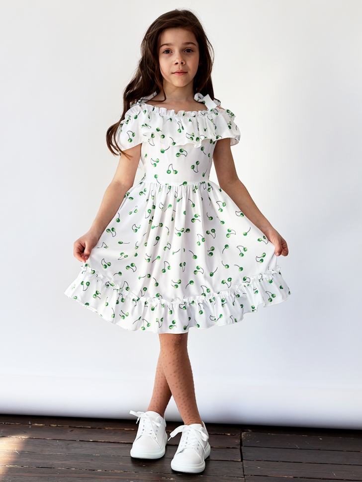 Платье для девочки вискоза БУШОН ST65, цвет белый/зеленая вишня 