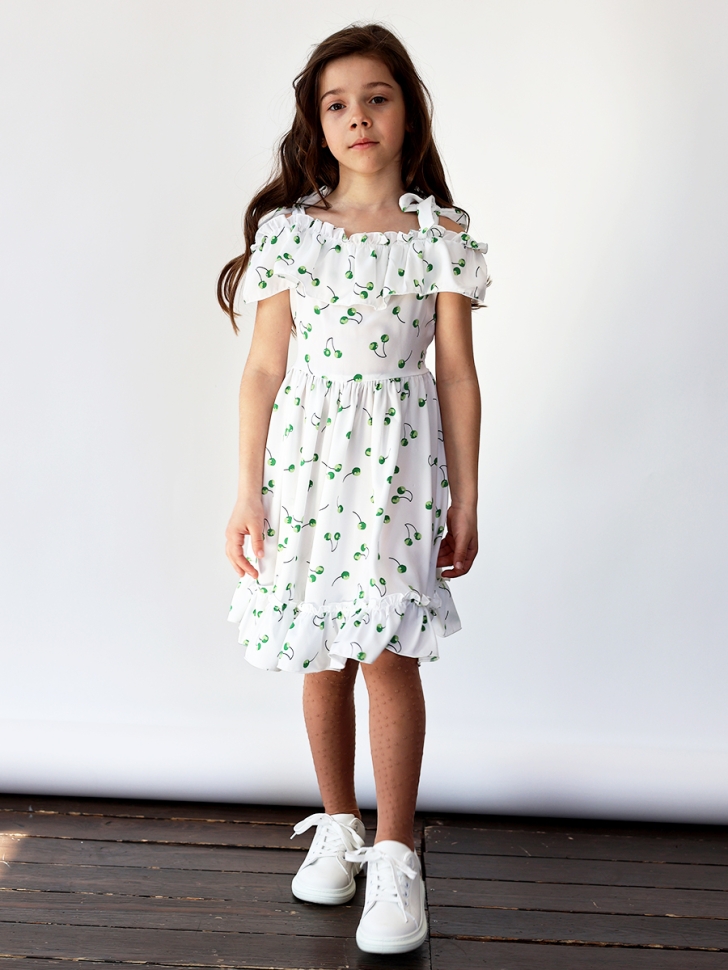 Платье для девочки вискоза БУШОН ST65, цвет белый/зеленая вишня 