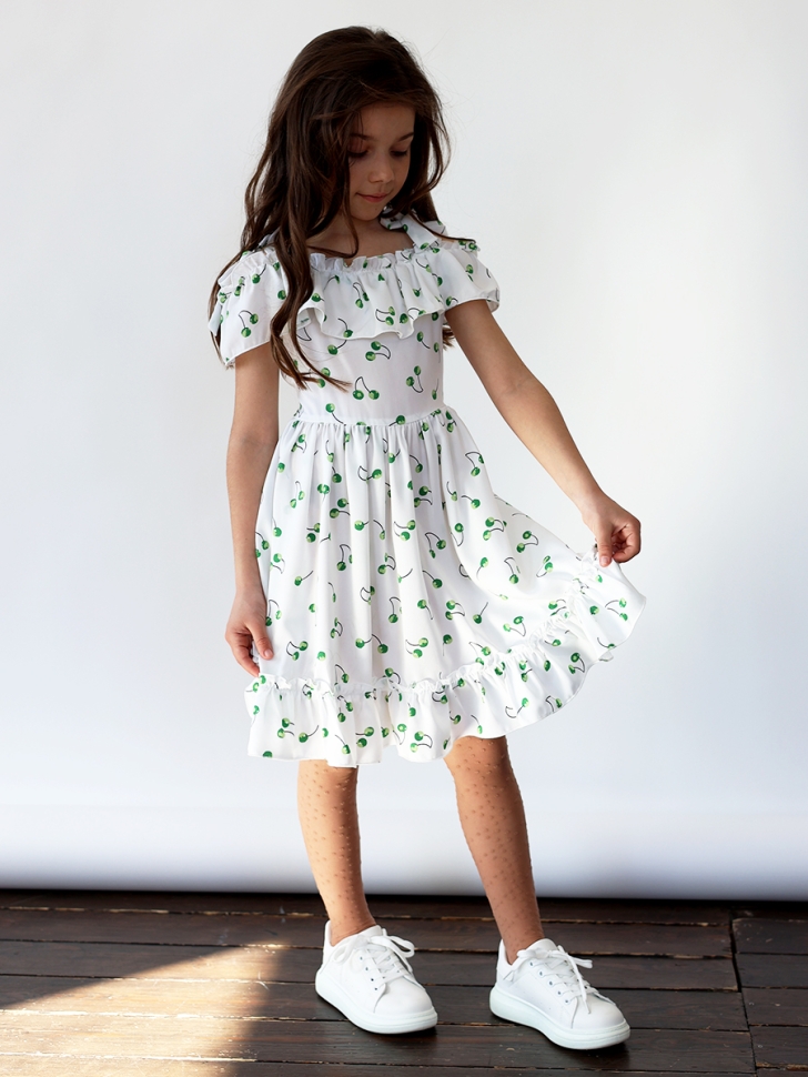 Платье для девочки вискоза БУШОН ST65, цвет белый/зеленая вишня 