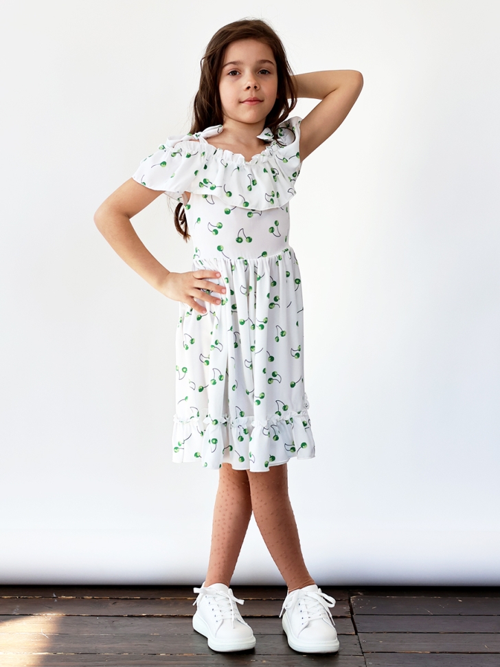 Платье для девочки вискоза БУШОН ST65, цвет белый/зеленая вишня 