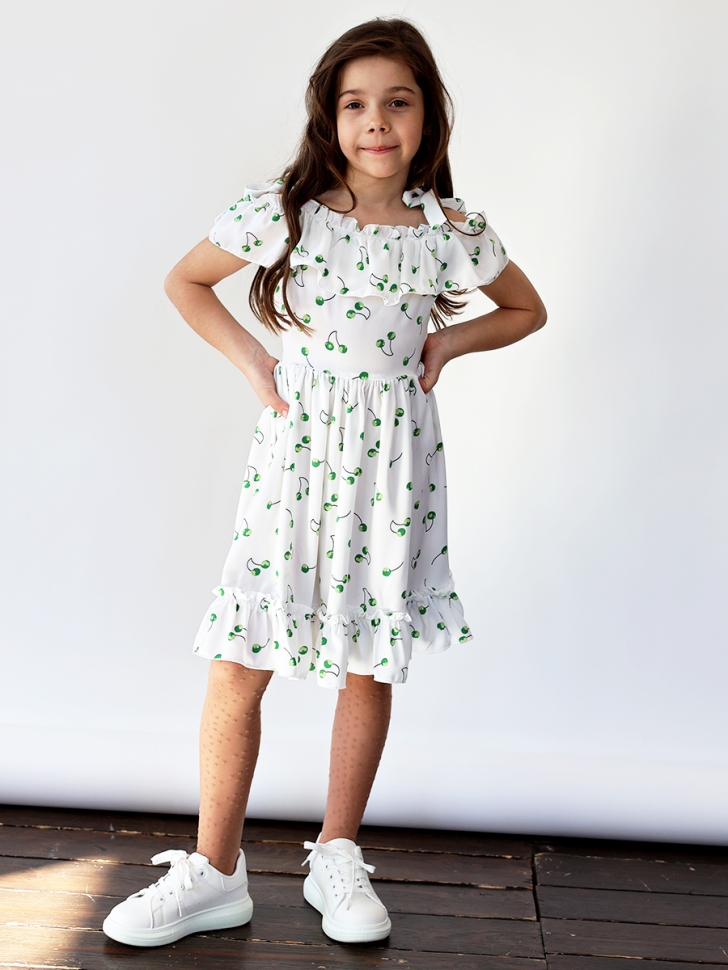 Платье для девочки вискоза БУШОН ST65, цвет белый/зеленая вишня 