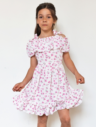 Платье для девочки вискоза БУШОН ST65, цвет белый/розовый цветы