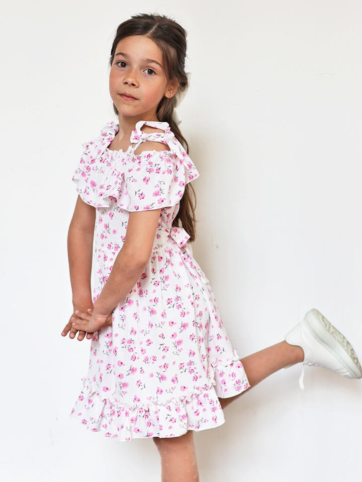 Платье для девочки вискоза БУШОН ST65, цвет белый/розовый цветы