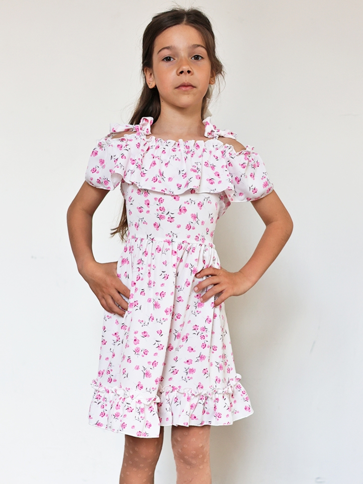 Платье для девочки вискоза БУШОН ST65, цвет белый/розовый цветы