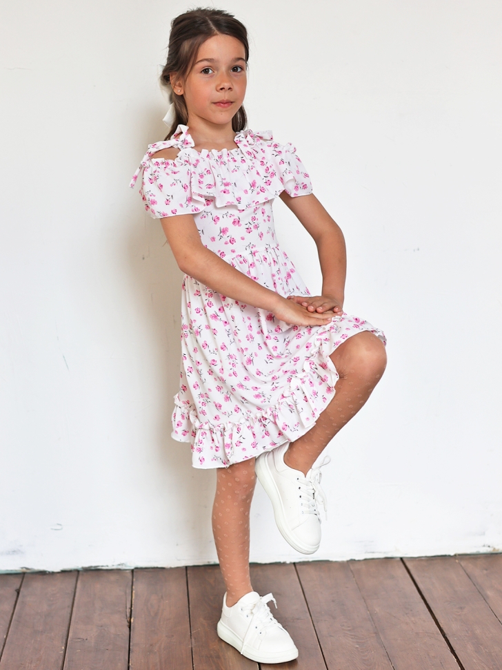 Платье для девочки вискоза БУШОН ST65, цвет белый/розовый цветы