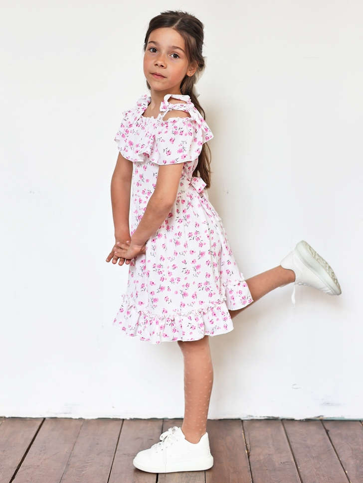 Платье для девочки вискоза БУШОН ST65, цвет белый/розовый цветы