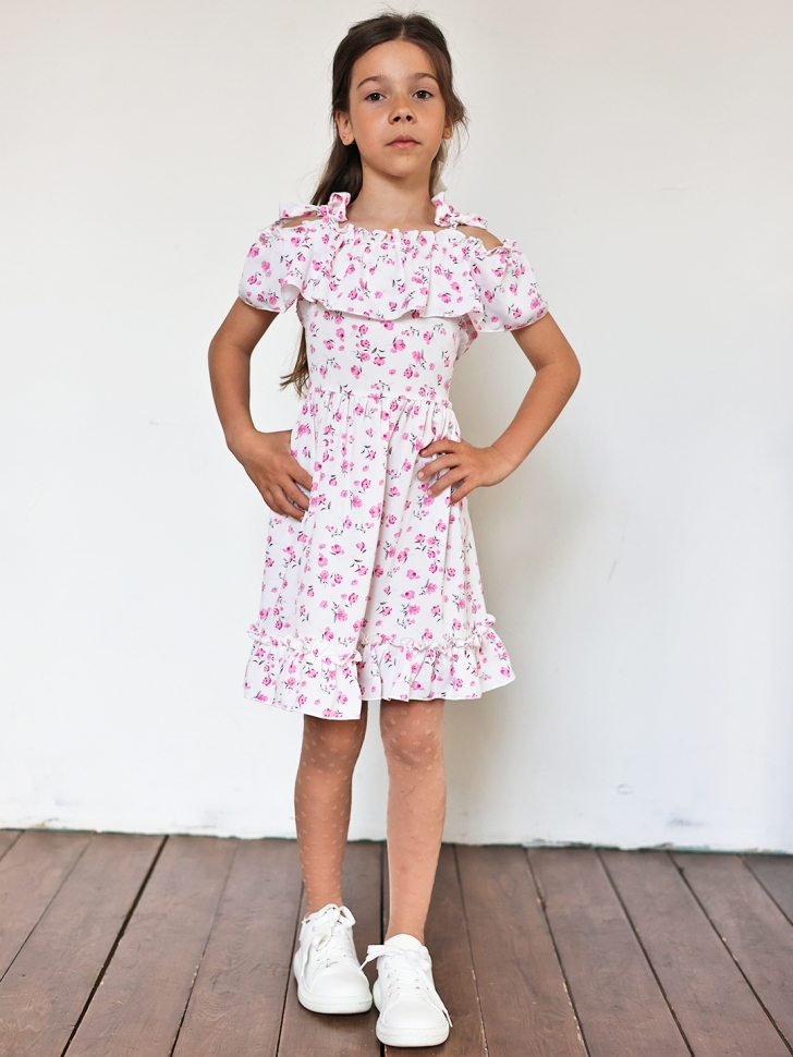 Платье для девочки вискоза БУШОН ST65, цвет белый/розовый цветы