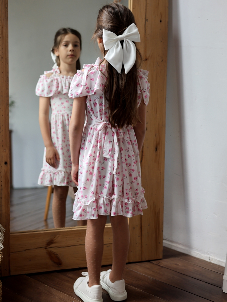 Платье для девочки вискоза БУШОН ST65, цвет белый/розовый цветы