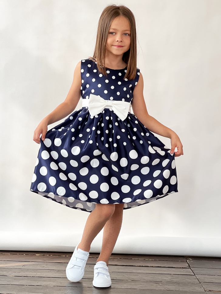 Платье для девочки нарядное БУШОН ST11, цвет темно-синий, белый пояс, принт белый горошек 