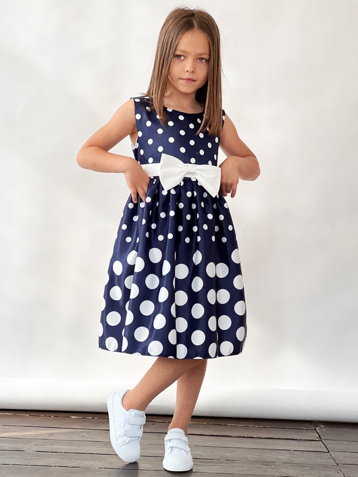 Платье для девочки нарядное БУШОН ST11, цвет темно-синий, белый пояс, принт белый горошек 