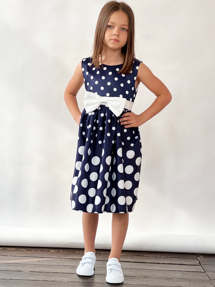 Платье для девочки нарядное БУШОН ST11, цвет темно-синий, белый пояс, принт белый горошек 