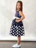 Платье для девочки нарядное БУШОН ST11, цвет темно-синий, белый пояс, принт белый горошек 