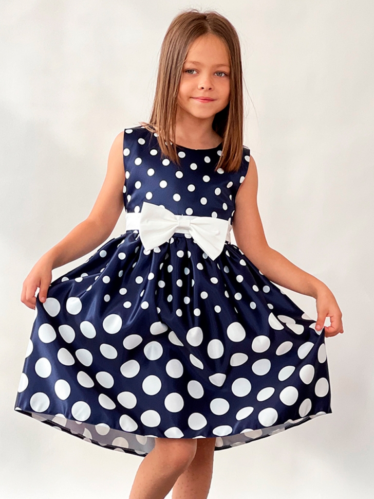 Платье для девочки нарядное БУШОН ST11, цвет темно-синий, белый пояс, принт белый горошек 
