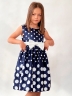 Платье для девочки нарядное БУШОН ST11, цвет темно-синий, белый пояс, принт белый горошек 