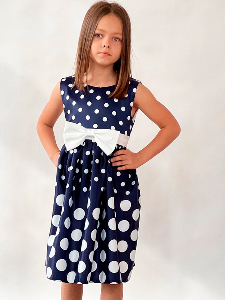 Платье для девочки нарядное БУШОН ST11, цвет темно-синий, белый пояс, принт белый горошек 