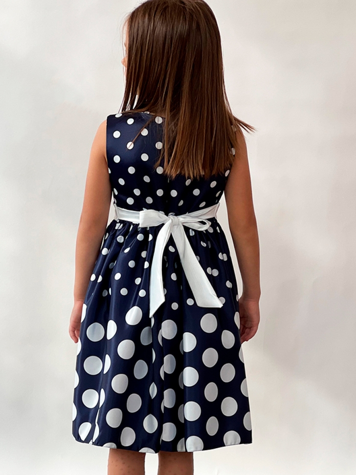 Платье для девочки нарядное БУШОН ST11, цвет темно-синий, белый пояс, принт белый горошек 
