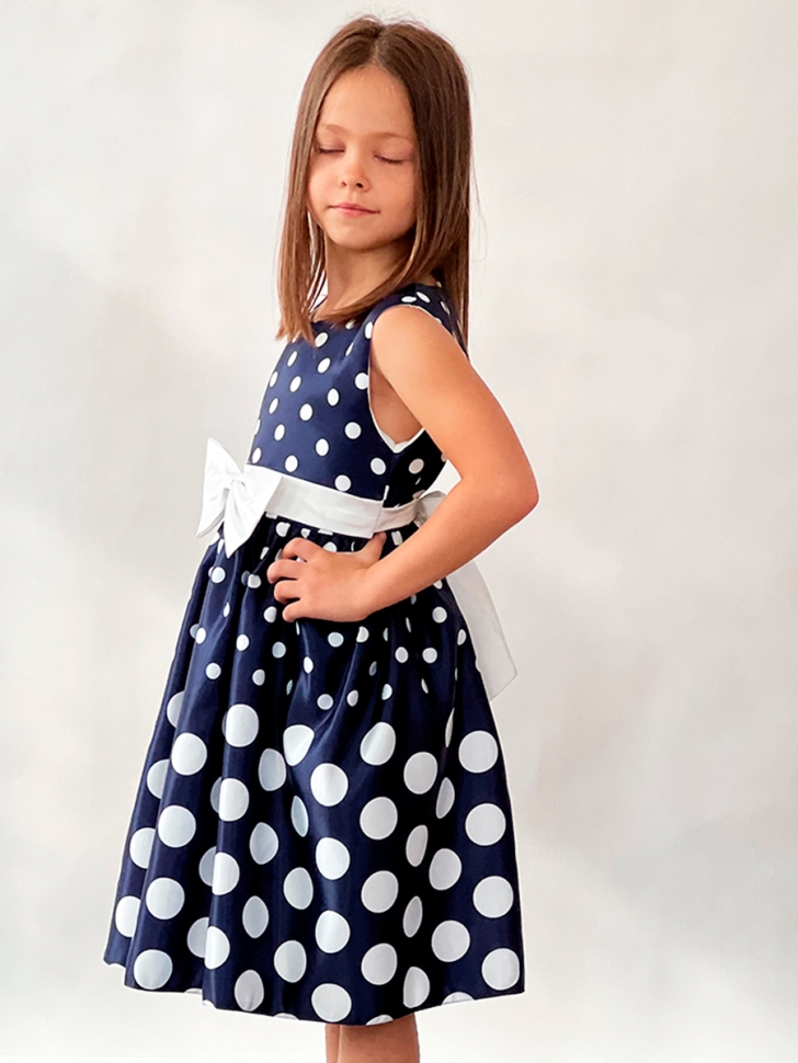 Платье для девочки нарядное БУШОН ST11, цвет темно-синий, белый пояс, принт белый горошек 