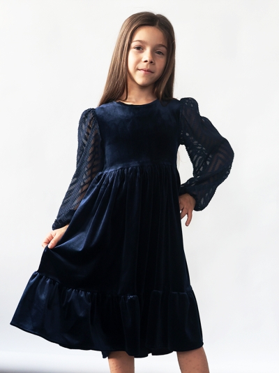 Платье велюровое нарядное БУШОН ST63, цвет темно-синий рукав