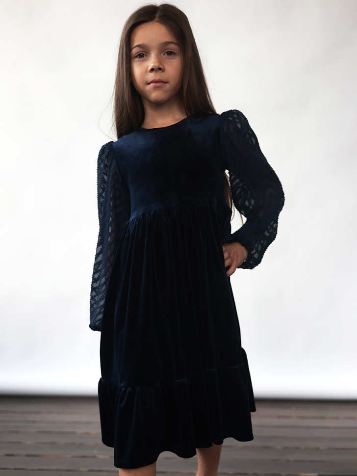 Платье велюровое нарядное БУШОН ST63, цвет темно-синий рукав